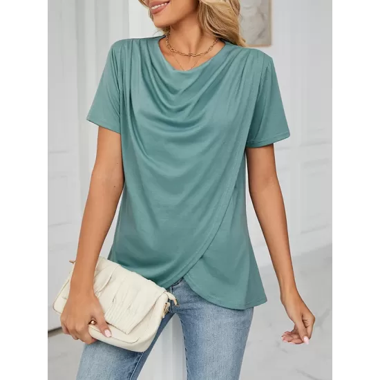 Pleated Solid Color Split-Joint Loose Short Sleeves Round-Neck T-Shirts