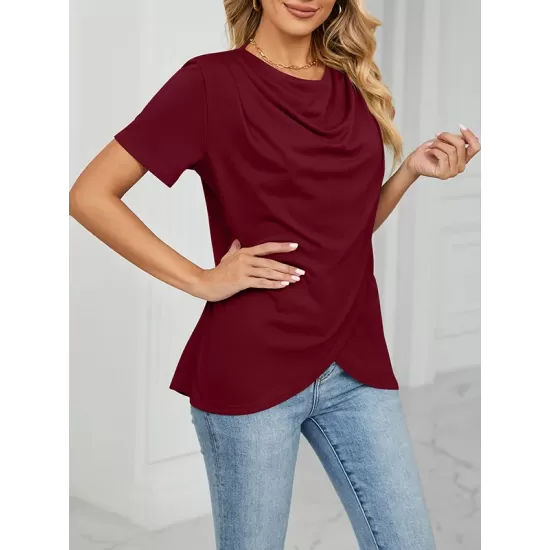 Pleated Solid Color Split-Joint Loose Short Sleeves Round-Neck T-Shirts