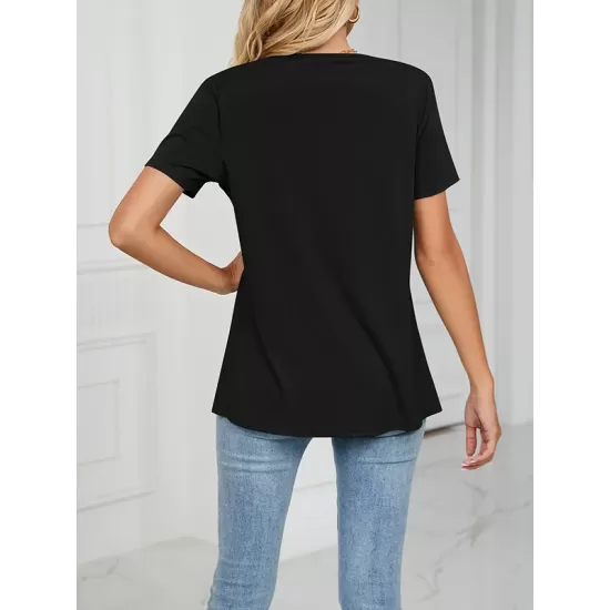 Pleated Solid Color Split-Joint Loose Short Sleeves Round-Neck T-Shirts