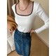 Contrast Color Long Sleeves Skinny Square-Neck T-Shirts Tops