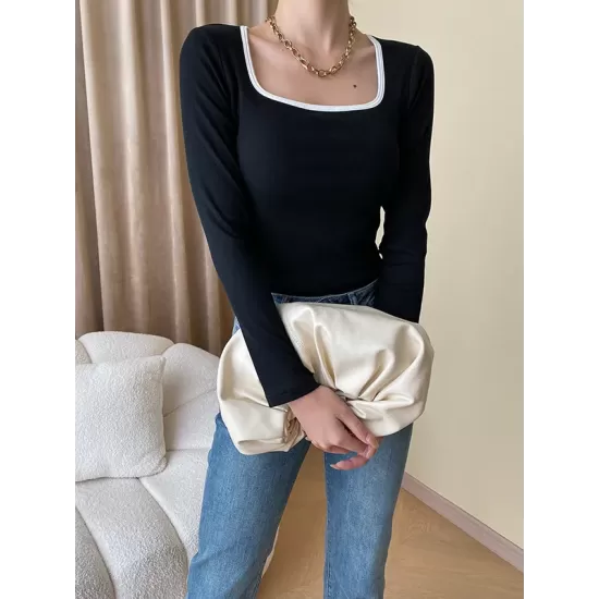 Contrast Color Long Sleeves Skinny Square-Neck T-Shirts Tops