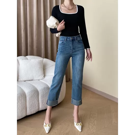 Contrast Color Long Sleeves Skinny Square-Neck T-Shirts Tops