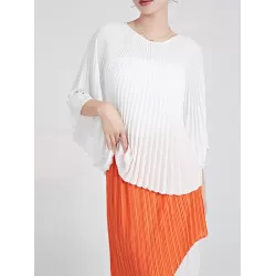 Pleated Solid Color Batwing Sleeves Loose Round-Neck T-Shirts Tops