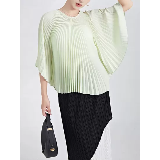 Pleated Solid Color Batwing Sleeves Loose Round-Neck T-Shirts Tops