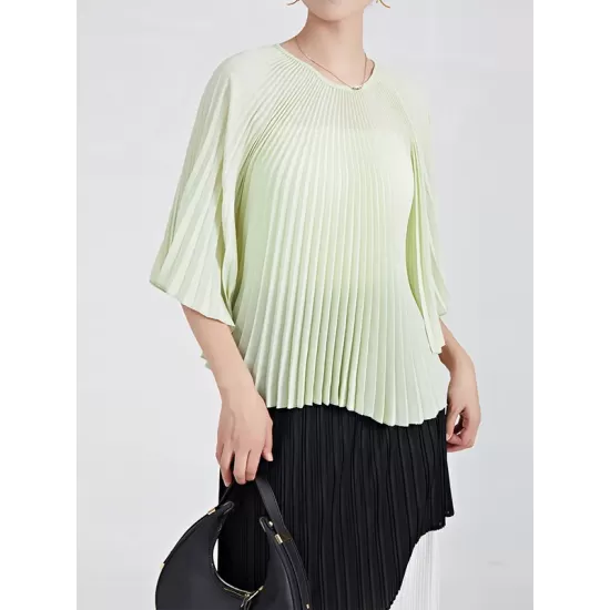 Pleated Solid Color Batwing Sleeves Loose Round-Neck T-Shirts Tops