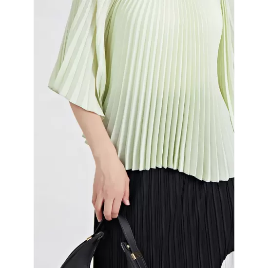 Pleated Solid Color Batwing Sleeves Loose Round-Neck T-Shirts Tops