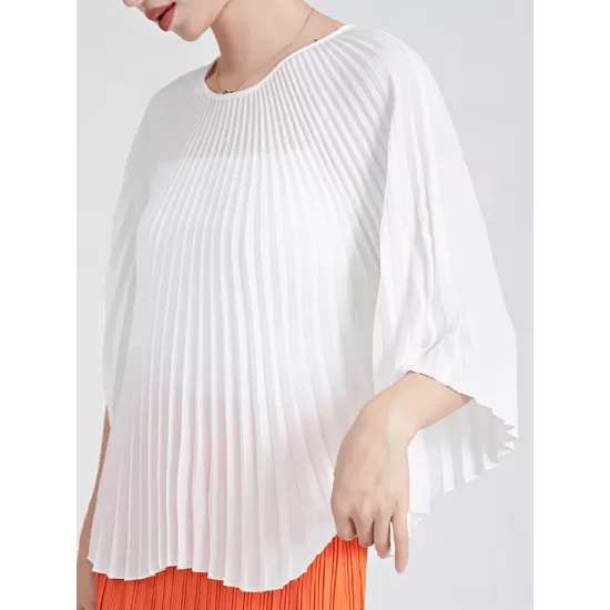 Pleated Solid Color Batwing Sleeves Loose Round-Neck T-Shirts Tops