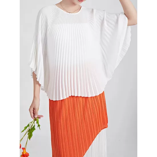 Pleated Solid Color Batwing Sleeves Loose Round-Neck T-Shirts Tops