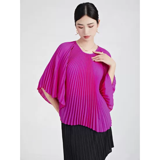 Pleated Solid Color Batwing Sleeves Loose Round-Neck T-Shirts Tops