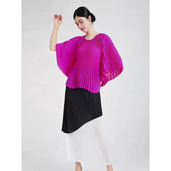 Pleated Solid Color Batwing Sleeves Loose Round-Neck T-Shirts Tops