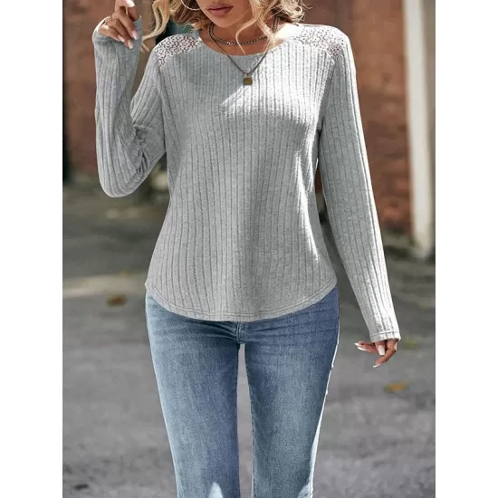 Hollow Split-Joint Long Sleeves Plus Size Round-Neck T-Shirts Tops