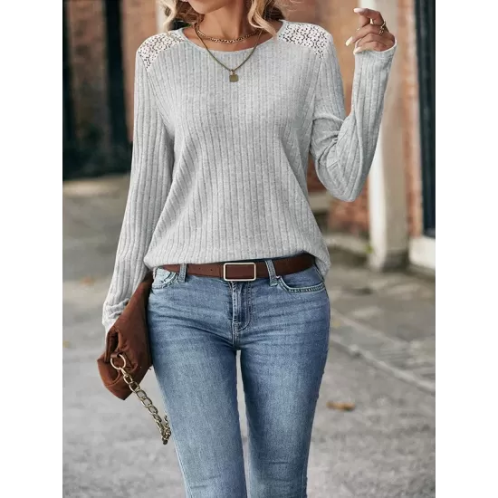 Hollow Split-Joint Long Sleeves Plus Size Round-Neck T-Shirts Tops