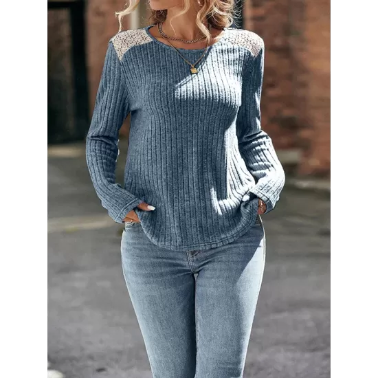 Hollow Split-Joint Long Sleeves Plus Size Round-Neck T-Shirts Tops