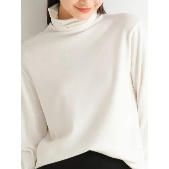 Solid Color Long Sleeves Skinny High-Neck T-Shirts Tops