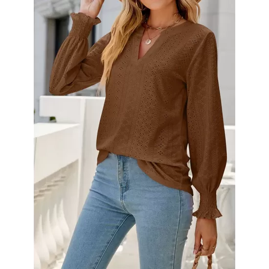 Elasticity Hollow Solid Color Long Sleeves Loose V-neck T-Shirts Tops