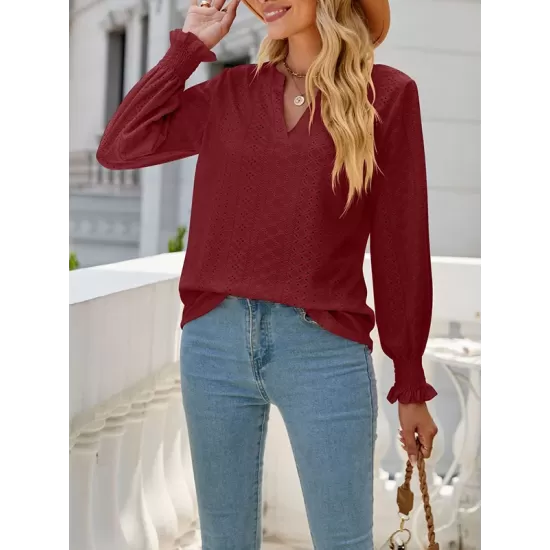 Elasticity Hollow Solid Color Long Sleeves Loose V-neck T-Shirts Tops