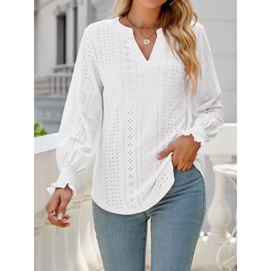 Elasticity Hollow Solid Color Long Sleeves Loose V-neck T-Shirts Tops