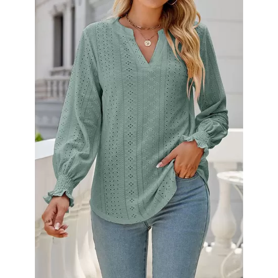 Elasticity Hollow Solid Color Long Sleeves Loose V-neck T-Shirts Tops