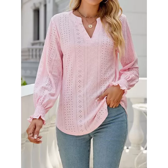 Elasticity Hollow Solid Color Long Sleeves Loose V-neck T-Shirts Tops