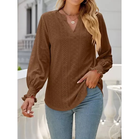 Elasticity Hollow Solid Color Long Sleeves Loose V-neck T-Shirts Tops