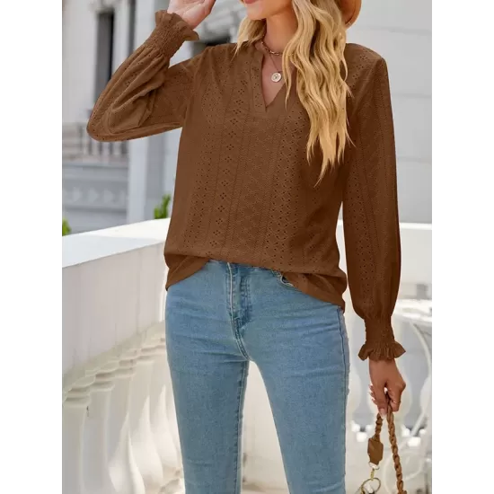 Elasticity Hollow Solid Color Long Sleeves Loose V-neck T-Shirts Tops