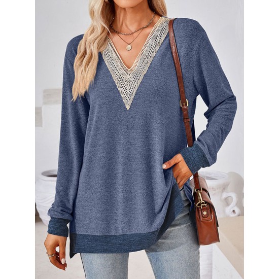 Hollow Split-Joint Split-Side Long Sleeves Loose V-Neck T-Shirts Tops