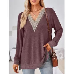 Hollow Split-Joint Split-Side Long Sleeves Loose V-Neck T-Shirts Tops