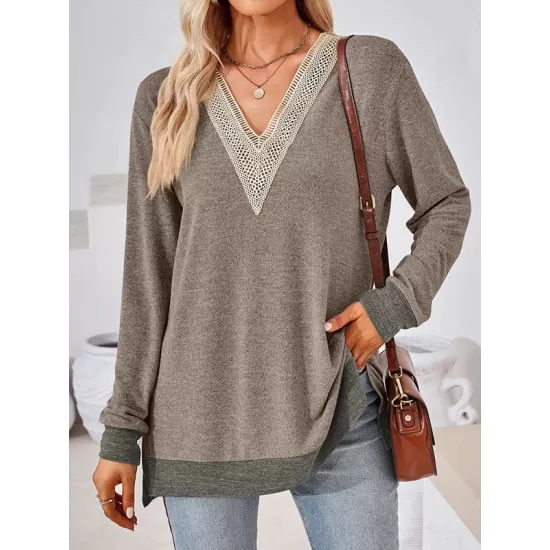 Hollow Split-Joint Split-Side Long Sleeves Loose V-Neck T-Shirts Tops