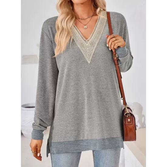 Hollow Split-Joint Split-Side Long Sleeves Loose V-Neck T-Shirts Tops