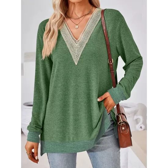 Hollow Split-Joint Split-Side Long Sleeves Loose V-Neck T-Shirts Tops