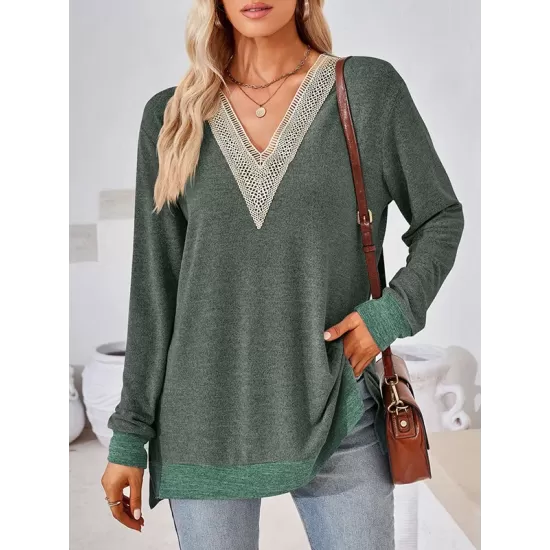 Hollow Split-Joint Split-Side Long Sleeves Loose V-Neck T-Shirts Tops