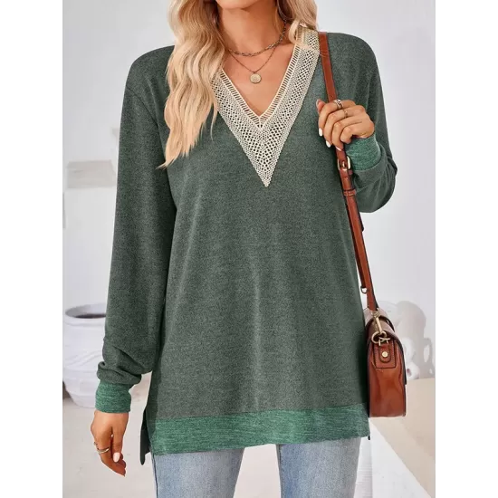 Hollow Split-Joint Split-Side Long Sleeves Loose V-Neck T-Shirts Tops