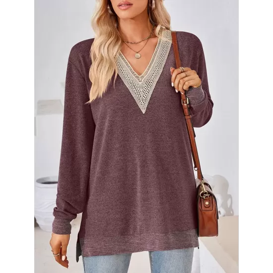 Hollow Split-Joint Split-Side Long Sleeves Loose V-Neck T-Shirts Tops