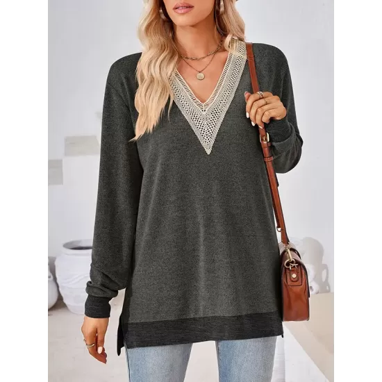 Hollow Split-Joint Split-Side Long Sleeves Loose V-Neck T-Shirts Tops