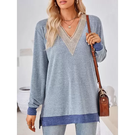 Hollow Split-Joint Split-Side Long Sleeves Loose V-Neck T-Shirts Tops