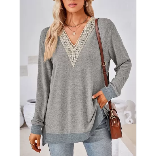 Hollow Split-Joint Split-Side Long Sleeves Loose V-Neck T-Shirts Tops