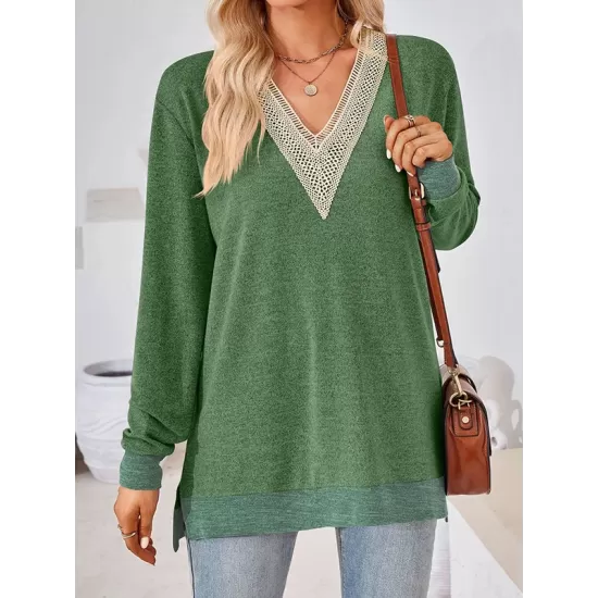 Hollow Split-Joint Split-Side Long Sleeves Loose V-Neck T-Shirts Tops