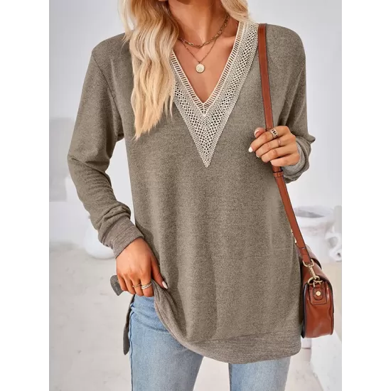 Hollow Split-Joint Split-Side Long Sleeves Loose V-Neck T-Shirts Tops