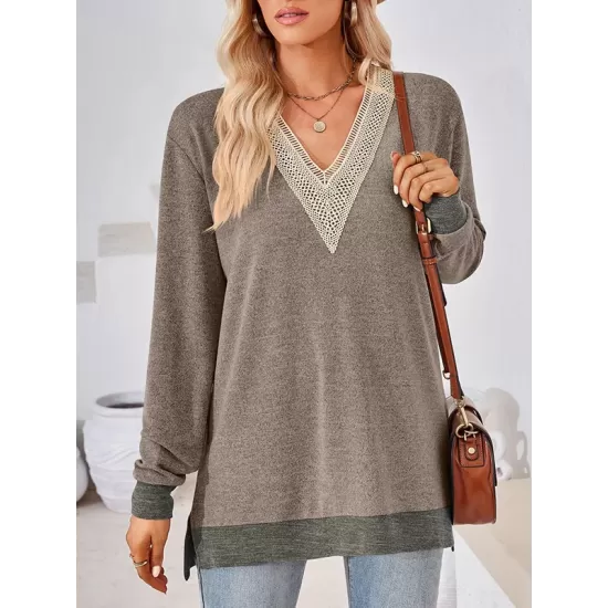 Hollow Split-Joint Split-Side Long Sleeves Loose V-Neck T-Shirts Tops