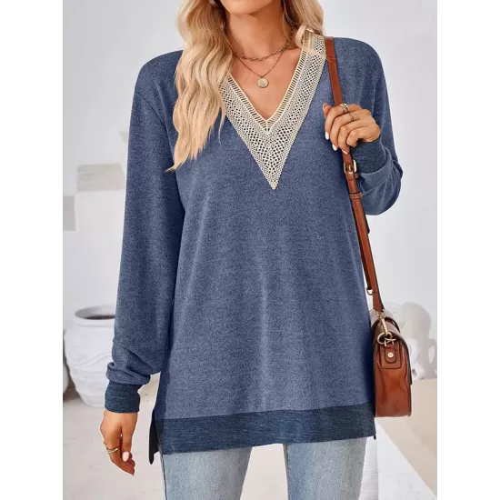 Hollow Split-Joint Split-Side Long Sleeves Loose V-Neck T-Shirts Tops