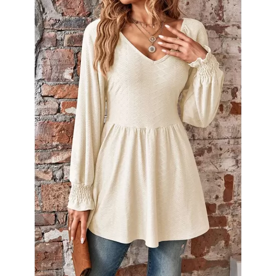 Elasticity Jacquard Pleated Solid Color Long Sleeves V-Neck T-Shirts Tops