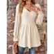 Elasticity Jacquard Pleated Solid Color Long Sleeves V-Neck T-Shirts Tops