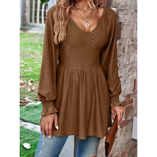 Elasticity Jacquard Pleated Solid Color Long Sleeves V-Neck T-Shirts Tops