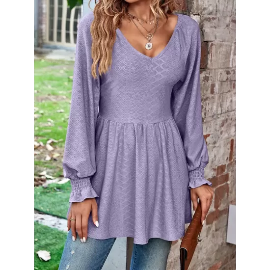 Elasticity Jacquard Pleated Solid Color Long Sleeves V-Neck T-Shirts Tops