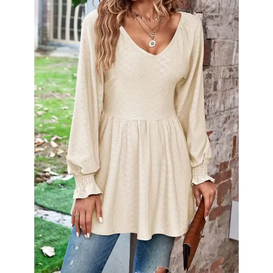 Elasticity Jacquard Pleated Solid Color Long Sleeves V-Neck T-Shirts Tops