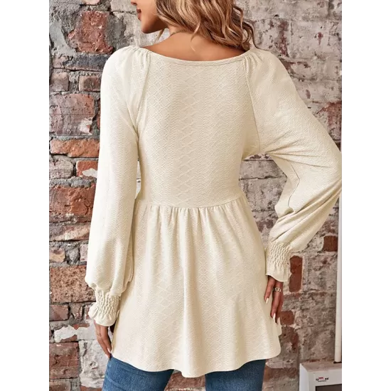 Elasticity Jacquard Pleated Solid Color Long Sleeves V-Neck T-Shirts Tops