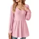 Elasticity Jacquard Pleated Solid Color Long Sleeves V-Neck T-Shirts Tops