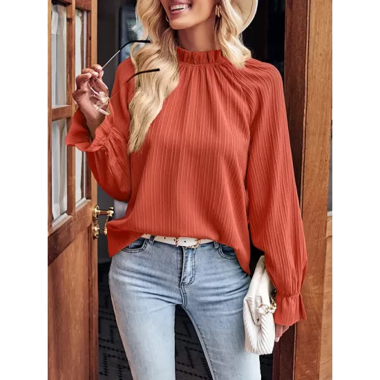 Elasticity Ruffled Solid Color Long Sleeves Ruffle Sleeves Mock Neck T-Shirts Tops