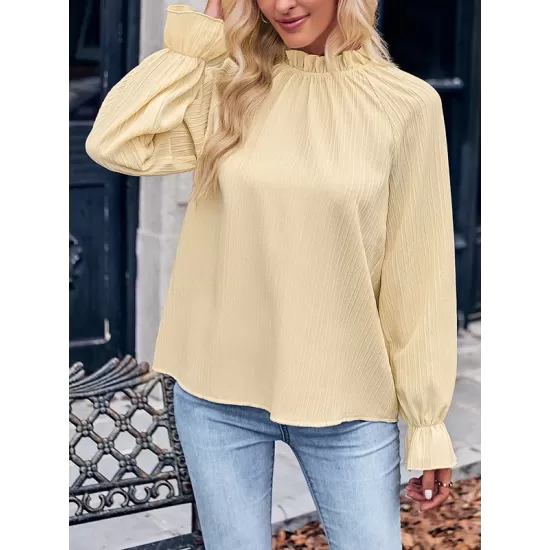 Elasticity Ruffled Solid Color Long Sleeves Ruffle Sleeves Mock Neck T-Shirts Tops