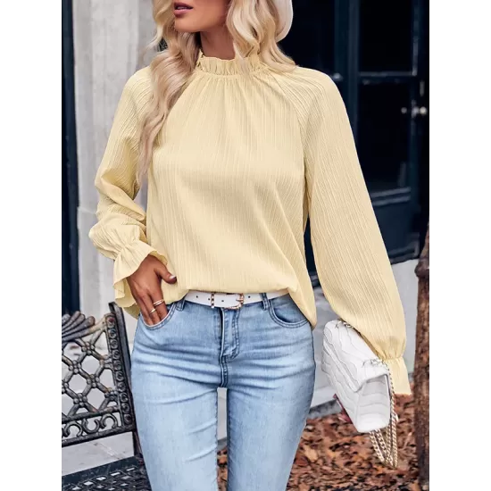 Elasticity Ruffled Solid Color Long Sleeves Ruffle Sleeves Mock Neck T-Shirts Tops